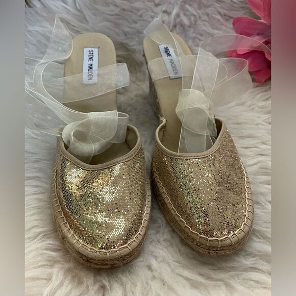 Steve Madden Boca Gold Glitter Espadrille Wedge Ankle Tie Sandals 9 - Picture 2 of 6
